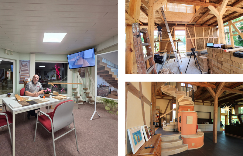 links: Kundenberatung im Kreativbereich    rechts: Scheunenausbau mit Pizzaofentreppe   Bildquelle: GRÄFE