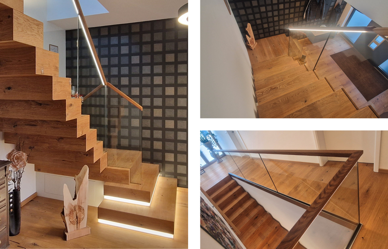 Antritt der Blocktreppe in Asteiche mit Ganzglasgeländer auf Treppe und Galerie l Bildquelle: GRÄFE Antritt der Blocktreppe in Asteiche mit Ganzglasgeländer auf Treppe und Galerie l Bildquelle: GRÄFE