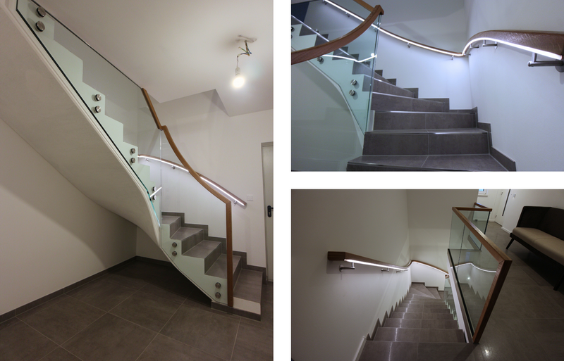 das Ganzglasgeländer: an der Treppe mit Punkthaltern und auf der Galerie mit Bodenprofil Bildquelle: GRÄFE das Ganzglasgeländer: an der Treppe mit Punkthaltern und auf der Galerie mit Bodenprofil Bildquelle: GRÄFE