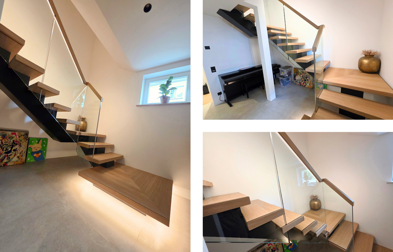 Designtreppe mit schwarzem Mittelholm, Eichenstufen und Ganzglasgeländer mit Beleuchtung   Bildquelle: GRÄFE