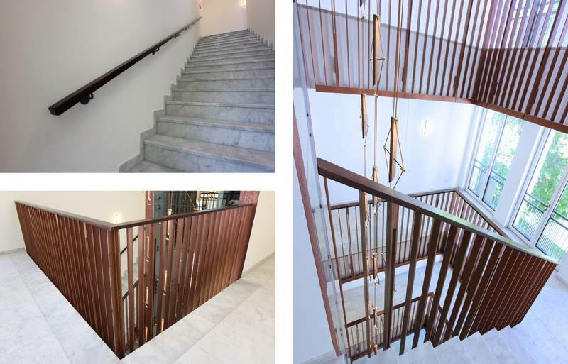 Geländerabdeckungen in Esche nussbaumfarbig veredeln die Stahlgeländer    Bildquelle: GRÄFE