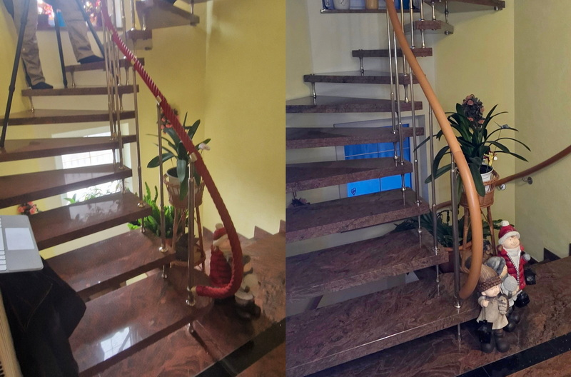 links: Antritt des labilen Seilgeländers    rechts: neuer Antritt mit Handlaufbogen aus Buche   Bildquelle: GRÄFE