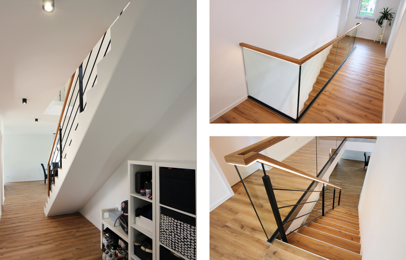 modernes Geländer in mattschwarzem Stahl mit transparentem Glas und Eichenholz    Bildquelle: GRÄFE